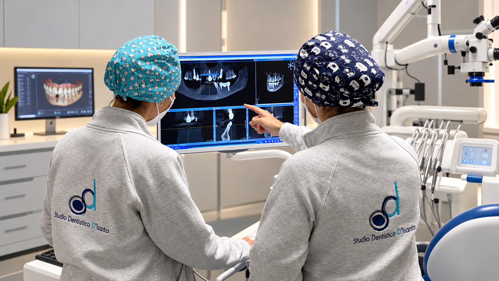 Due odontoiatre dello Studio Dentistico D’Isanto a Pozzuoli analizzano immagini radiologiche 3D per la pianificazione digitale delle cure dentali.