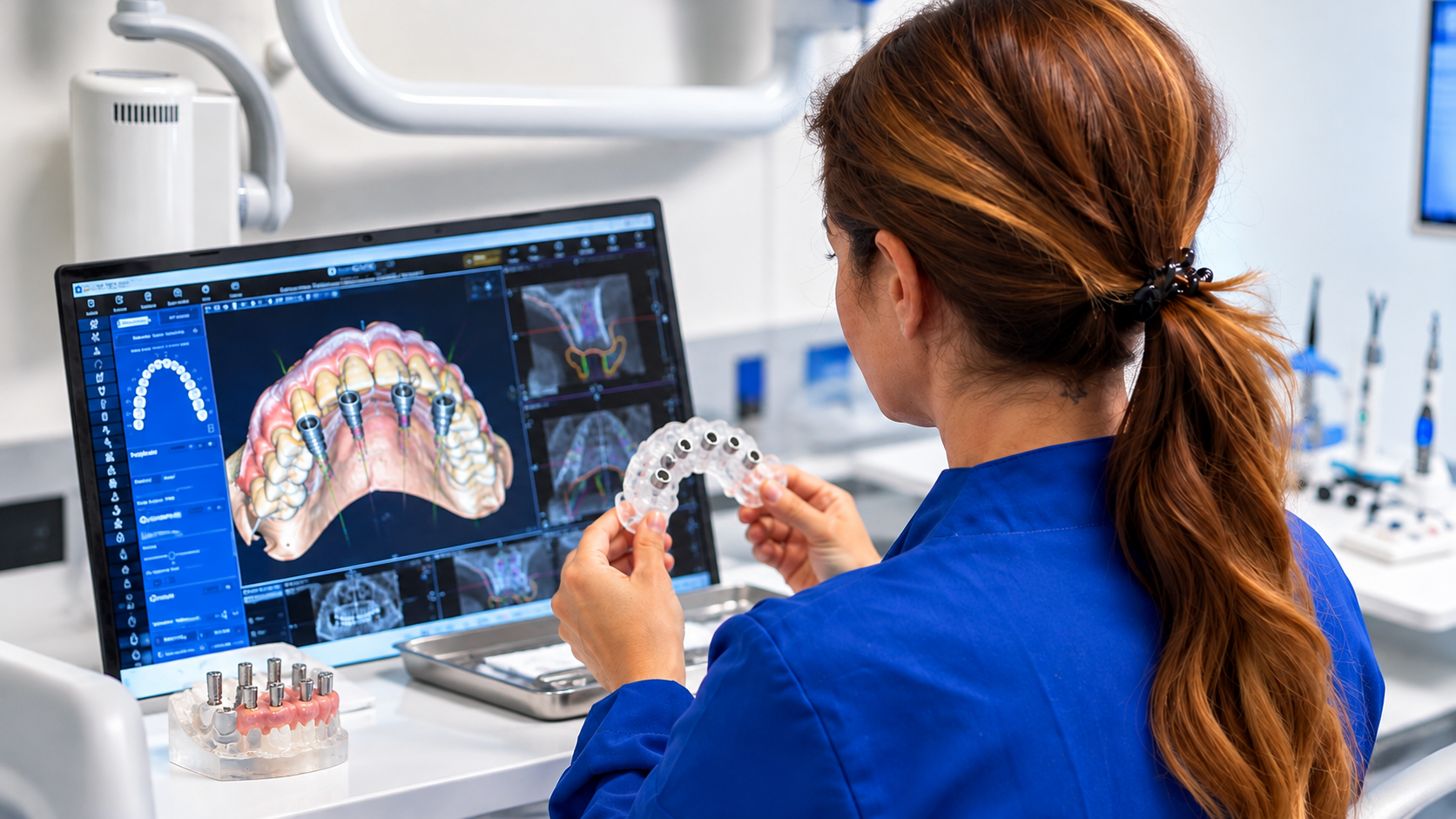 Odontoiatra durante la pianificazione digitale di impianti dentali con guida chirurgica
