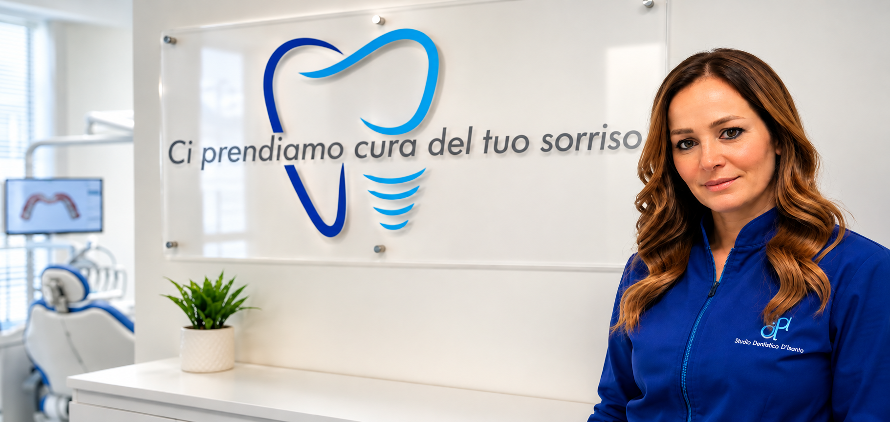 Dottoressa Nicoletta D’Isanto nello Studio Dentistico D’Isanto a Pozzuoli, accanto al logo dello studio